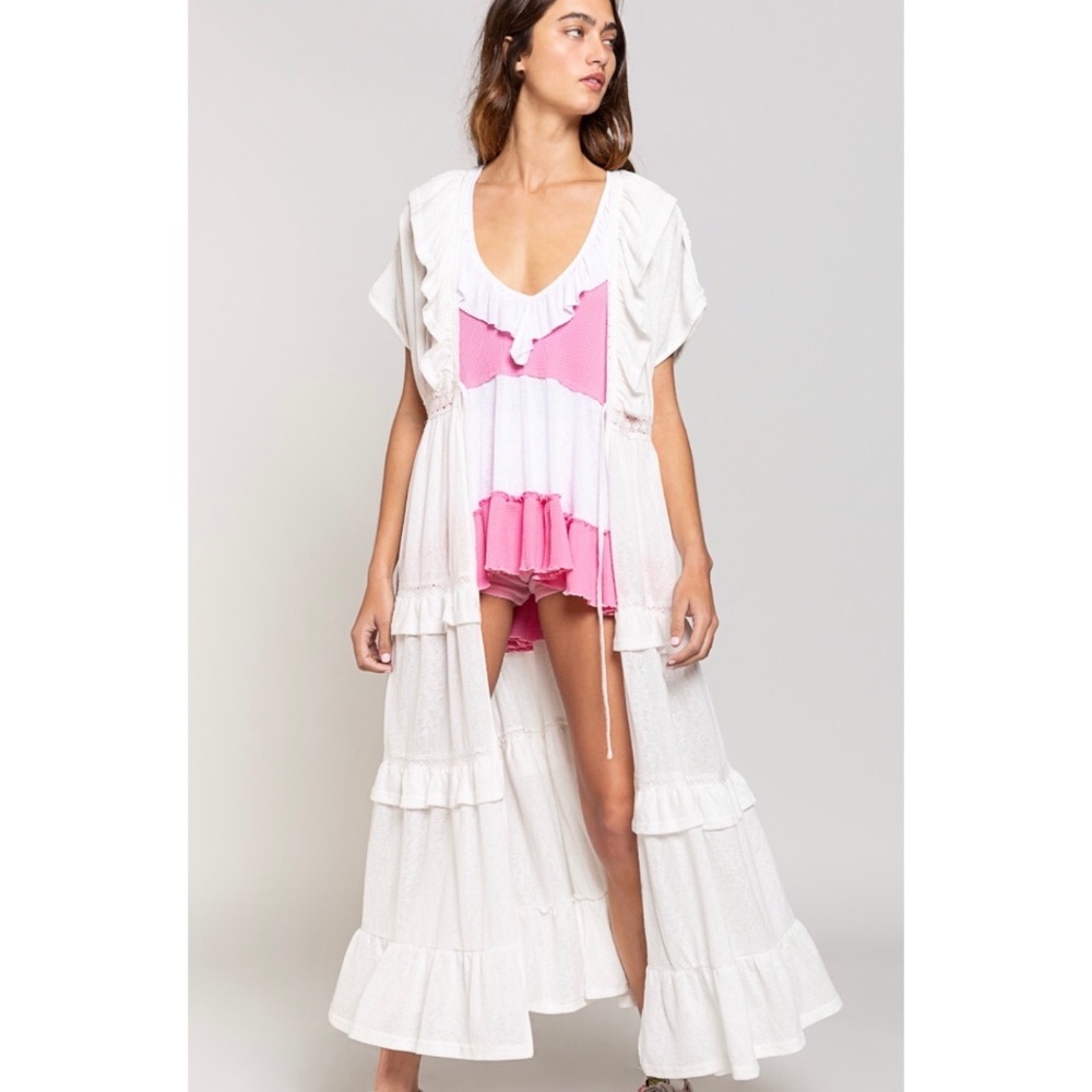 POL Ivory Ruffled Lace Patchwork Tiered Maxi Cardigan - Picture 8 of 8